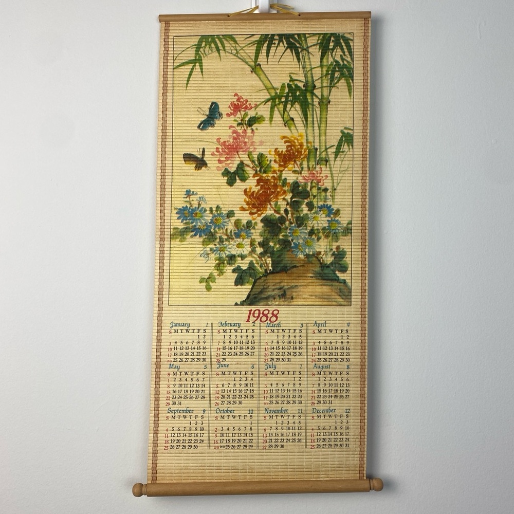 📜 🦋 Vintage 1988 Bamboo Scroll Calendar With Asian Nature Print 🦋 📜